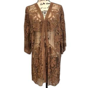 Umgee Floral Lace Embroidered Kimono Cardigan M Tan Tie Waist Sheer Cotton Blend